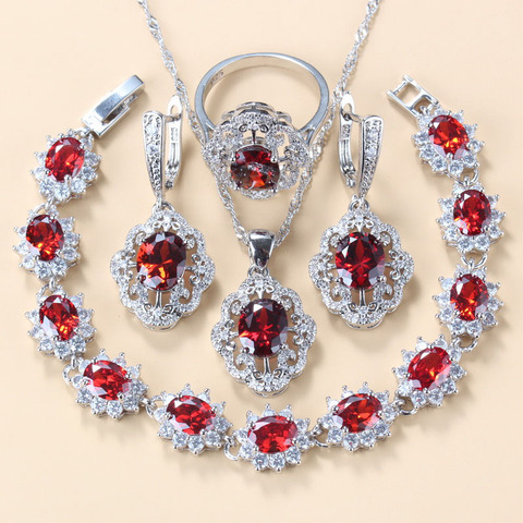 Women Wedding Jewelry Sets 925 Silver Bridal Accessories Red Garnet CZ Earrings Pendant Necklace Bracelet And Ring Gift Sets ► Photo 1/6