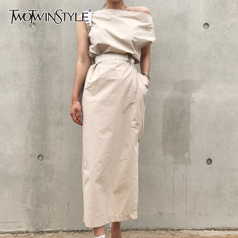 TWOTWINSTYLE Elegant Solid Dresses For Women Sexy Slash Neck Hem Split High Waist Lace Up Slim Dress Female Fashion Clothing New ► Photo 1/6