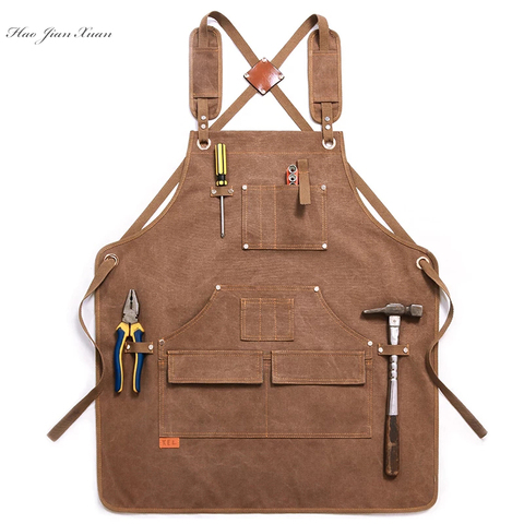 Durable Goods Heavy Duty Waxed Unisex Canvas Work Apron with Tool Pockets Cross-Back Straps Adjustable For Woodworking Painting ► Photo 1/6