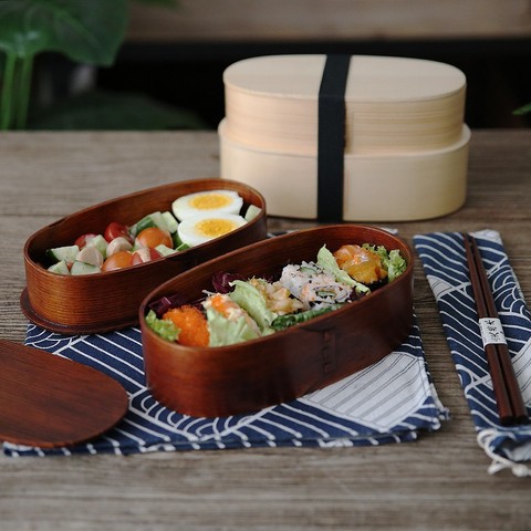 Wooden Japanese Style Lunch Bento Box Double-Layer Dinnerware Workers Students Picnic Salad Portable Round Container Tableware ► Photo 1/1