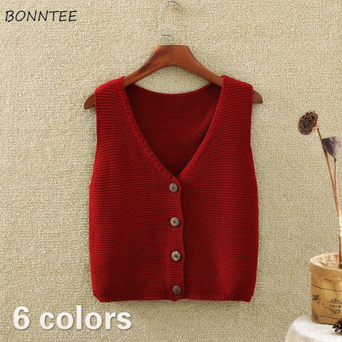 Sweater Vest Women Single Breasted Button Sleeveless V-neck Knitting Korea Solid Short Retro Streetwear Top Clothing Womens Chic ► Photo 1/6
