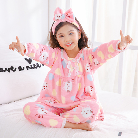 BIG Girl Wear Autumn Winter Long Sleeve Warm Flannel Pajamas Set Cute Print Girl Sleepwear Set Send Hair Band Christmas Gift ► Photo 1/6