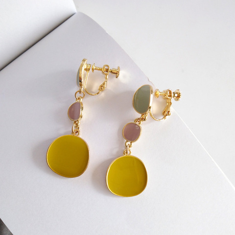 Korean Yellow oil Drop Clip Earrings Without Piercing Geometry alloy round slice Clip on Earrings For Non Pierced ears ► Photo 1/6