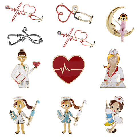 HEYu Nurse Brooch Stethoscope Electrocardiogram Heart Shaped Pin Nurse Doctor Backpack Lapel Jewelry ► Photo 1/6