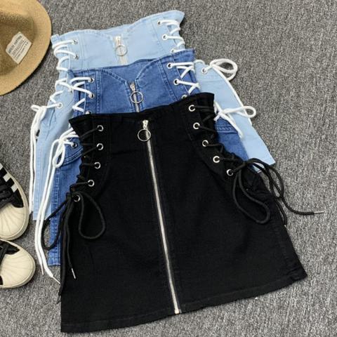 Denim A-line lace-up skirts women front ring zipper fashion empire mini skirt bottoms women ► Photo 1/5