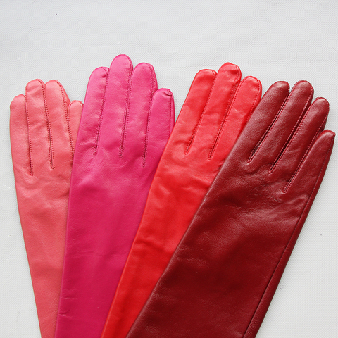 Women Real Leather Long Gloves Full Fingers Winter Warm Elbow Gloves Outdoors Long Sheepskin Rose Red Mittens Wine Red Party ► Photo 1/6