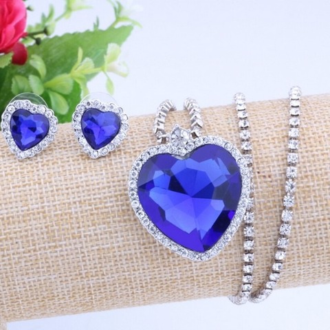 Blue Crystal Zircon Titanic Heart of Ocean Pendant Necklace Stud Earring Set for Women Girls Classical Charm Fashion Jewelry Set ► Photo 1/5