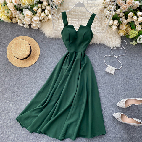 Fitaylor 2022 Sexy V-neck Vintage Back Bandage Dress Women Summer Elegant Big Swing Long Party Dress Female Green Beach Dress ► Photo 1/6