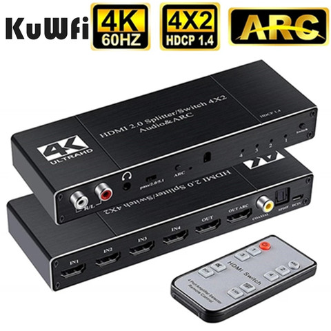 KuWFi HDMI 2.0 4K 60Hz Switch 4x2 HDMI Splitter Switcher Audio Extractor with ARC IR Remote Control for TV HDTV PS4 ► Photo 1/6