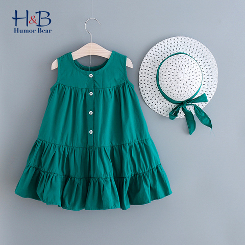 Humor Bear Girls Clothes Set Summer New Loose Fashion Sleeveless  Solid Round Neck Princess Dress + Hat 2pcs Casual Kids ► Photo 1/6