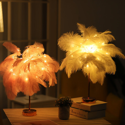 Buy Online Nordic Diy Natural Ostrich Feather Night Light Table Lamp Bedroom Study Living Room Office Home Decoration Led Night Lamp Alitools