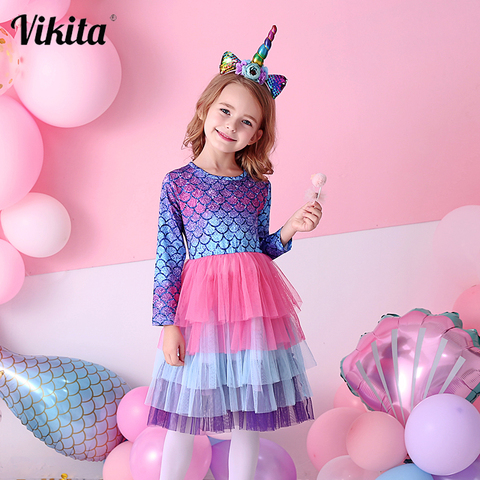 VIKITA Kids Tutu Dress for Girls Long Sleeve Party Prom Vestidos Toddlers Mermaid Unicorn Dresses Kids Princess Autumn Dress ► Photo 1/6