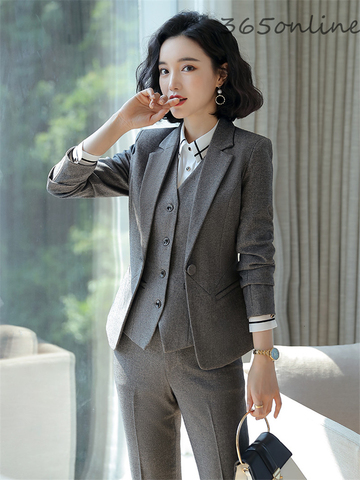 Formal Uniform Designs Pantsuits for Women Business Work Wear Suits Autumn Winter Professional Ladies Office Blazers Sets Gray ► Photo 1/6
