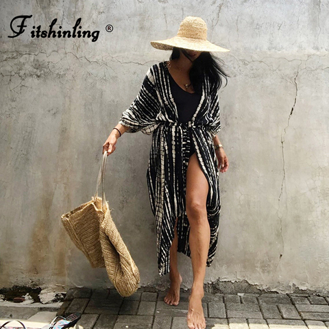 Fitshinling Summer Vintage Kimono Swimwear Halo Dyeing Beach Cover Up With Sashes Oversized Long Cardigan Holiday Sexy Covers ► Photo 1/1