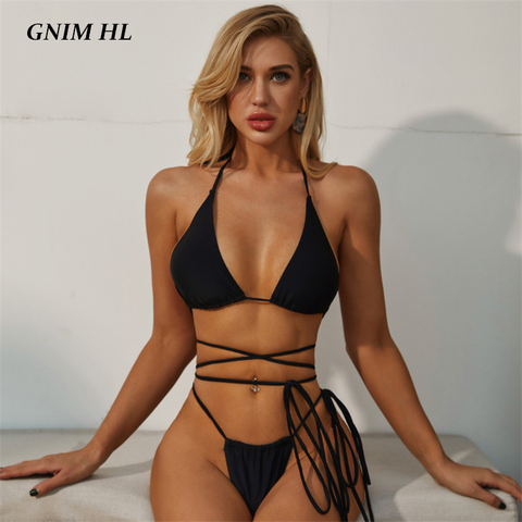GNIM Solid Black Swimsuit Female Two Piece Bandage Bikini Mujer 2022 Sexy Backless Thong Swimwear Women Summer Beachwear Biquini ► Photo 1/6