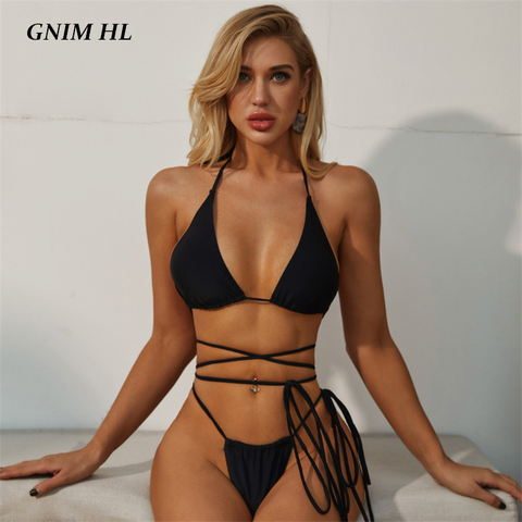 GNIM Solid Black Swimsuit Female Two Piece Bandage Bikini Mujer