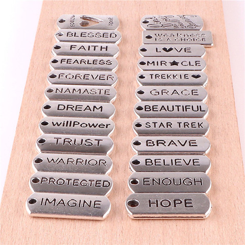 24pcs/lot Word Tags Pendant Charms Antique Silver Color Blessed Faith Believe Trust Family Namaste Fearless Dream Hope Charms ► Photo 1/6