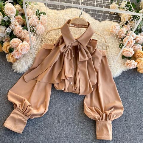 2022 Spring Autumn New Blouse Women Halter Scheming Halter Shirt Bowknot Lapel Puff Sleeve Female Top C031 ► Photo 1/6