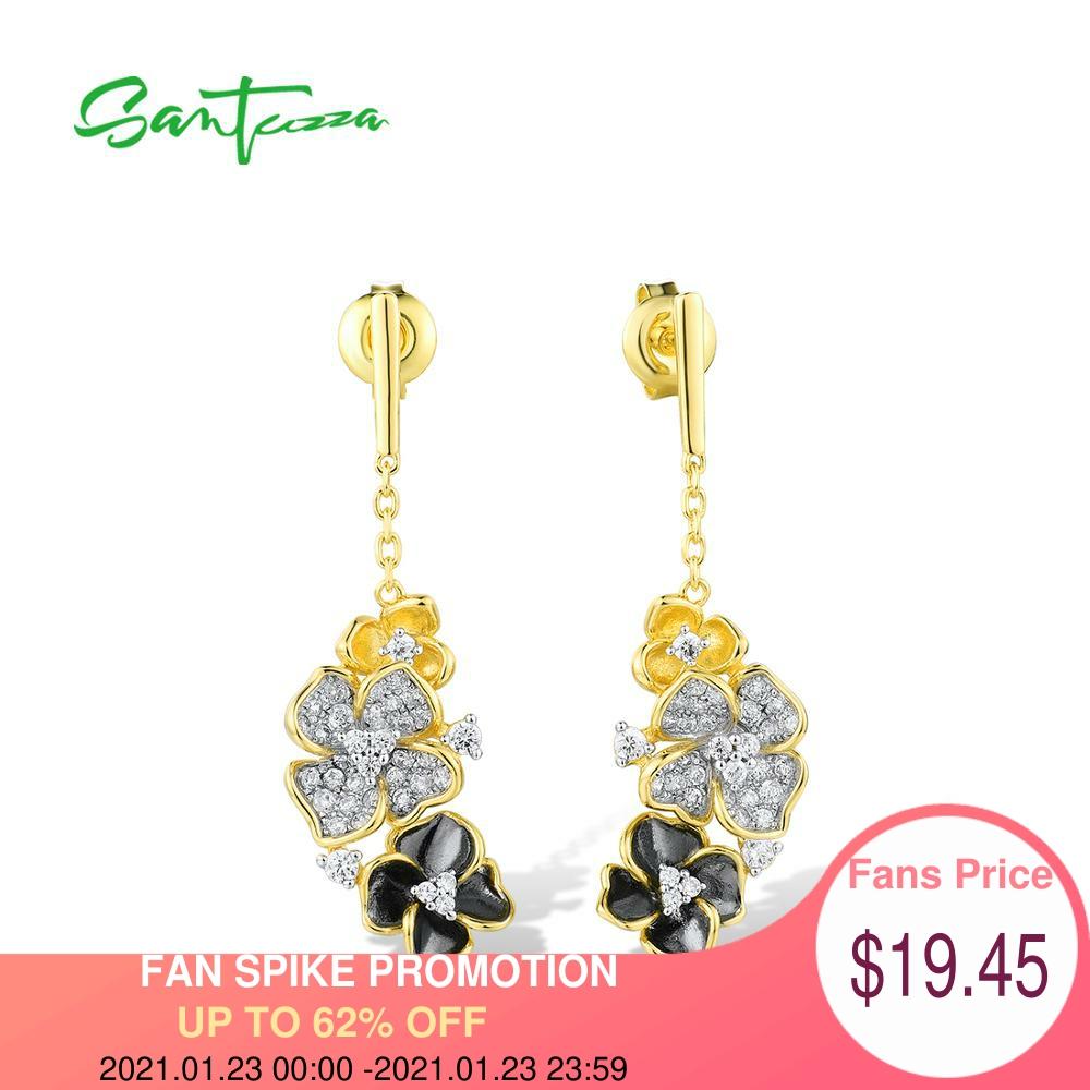 SANTUZZA Silver Earrings For Women Pure 925 Sterling Silver Gold Color Elegant Black White Flowers Dangling серьги Fine Jewelry ► Photo 1/6