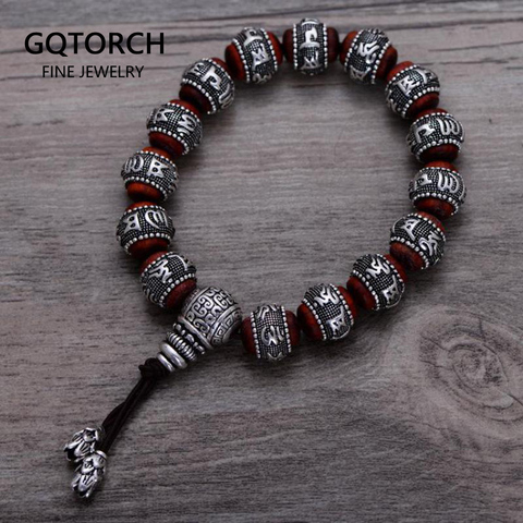 Tibetan Om Mani Padme Hum Bracelet Natural Lobular Red Sandalwood Inlaid 999 Sterling Silver Buddha Mantra For Men Women Lovers ► Photo 1/6