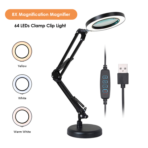 Foldable 8X Illuminated Magnifier USB 3 Colors 64 LED Magnifying Glass for Soldering Iron Repair/Table Lamp/Skincare Beauty Tool ► Photo 1/6