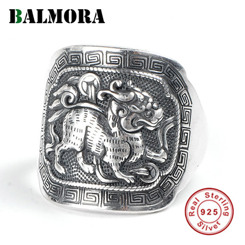 BALMORA 990 Pure Silver Kylin Good Wish Animal Punk Open Stacking Rings for Men Couple Gift Vintage Cool Fashion Jewelry Anillos ► Photo 1/6