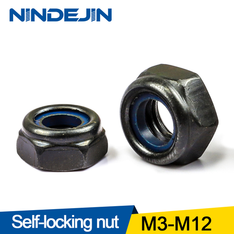 NINDEJIN black nylon lock nut 304 Stainless Steel zinc-plated Hex Hexagon self locking nut M3 M4 M5 M6 M8 M10 M12 lock nut ► Photo 1/5