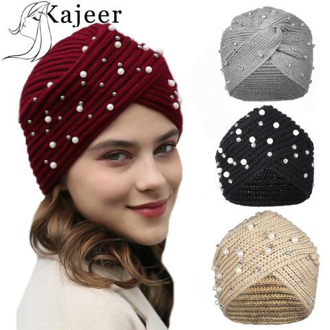 Kajeer Knit Headbands for Women Indian Fashion Elastic Cross Knotted Winter Warm Turban Hat Rhinestone Pearl Bandanas Muslim Hat ► Photo 1/6