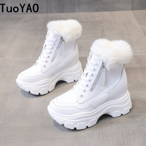 Winter Women Ankle Boots 7CM Heels High Top Wedge Boots Warm Fur Platform Leather Sneakers Cotton Snow Boots For Woman New 2022 ► Photo 1/6