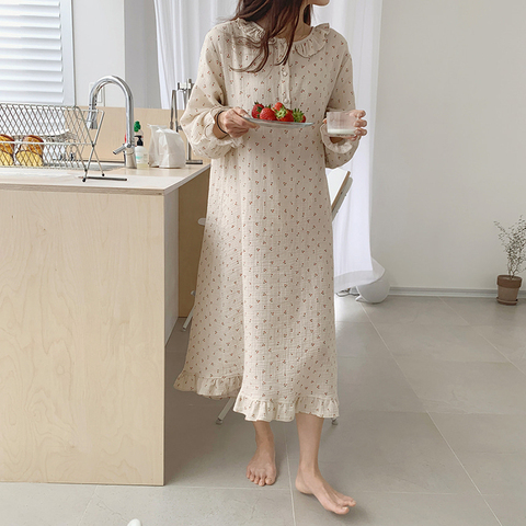 Autumn Ruffle Nightgown Women Cherry Print Sleep Dress Loose Casual Cute Homewear Long Sleeve O-neck Nightdress Sexy Soft S1032 ► Photo 1/6