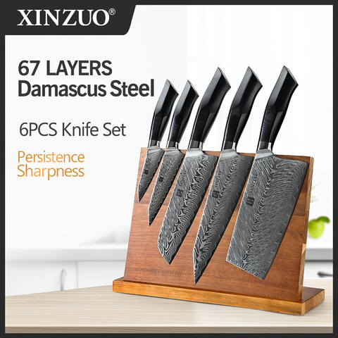 XINZUO 6 PCS Best Kitchen Knives Sets With Excellent Acacia Wood BlocK Super Sharp Japanese Damascus Steel Knives Set G10 Handle ► Photo 1/6