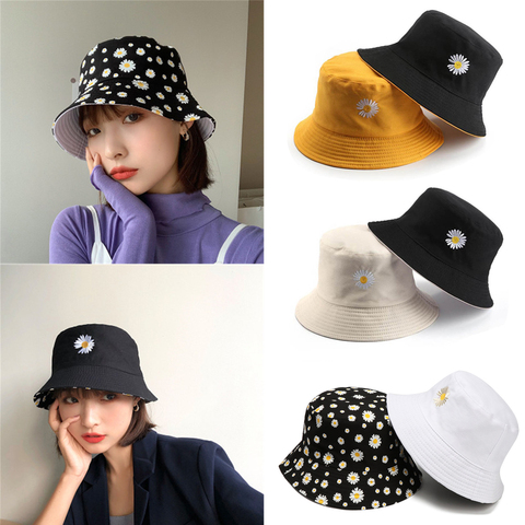 Women Fashion Summer Daisies Bucket Hat Beach Sun Hats Reversible Bob chapeau Femme Floral Panama Double-Sided Fisherman Hat ► Photo 1/6