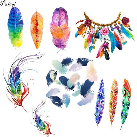 Pulaqi Colorful Feather Iron-On Transfers For Clothing T-shirt Summer Style Thermal Transfer Hot Vinyl Ironing Stickers On Kids ► Photo 1/6
