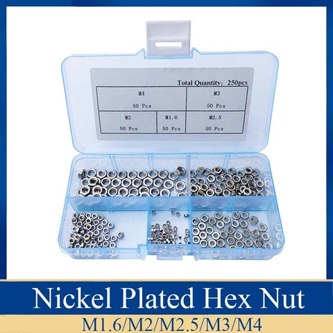 250Pcs/set Nickel Plated M1.6 M2 M2.5 M3 M4 Carbon Steel Hex Nut Assortment Kit Hexagon Nuts Metric Thread Assortment Kit ► Photo 1/6