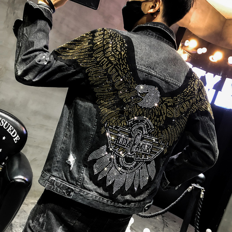 YASUGUOJI New 2022 Punk Style Fashion Eagle Embroidered Patch Jean Jacket Men Denim Jackets Streetwear Slim Black Jacket Men ► Photo 1/6