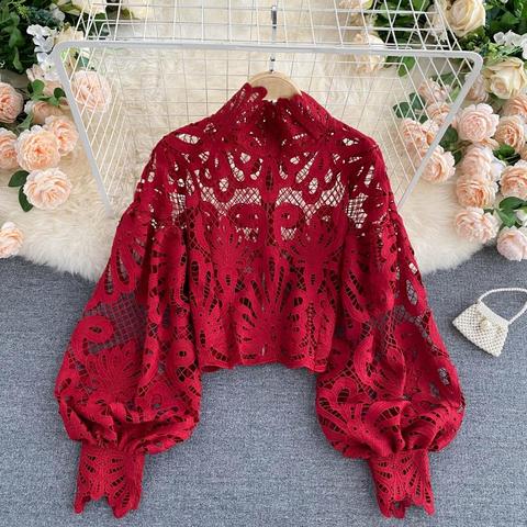 Sexy Lace Hollow Out Short Blouse Casual Lantern Long Sleeve Stand Collar Shirts Female Elegant Red/Pink/White Loose Tops 2022 ► Photo 1/6