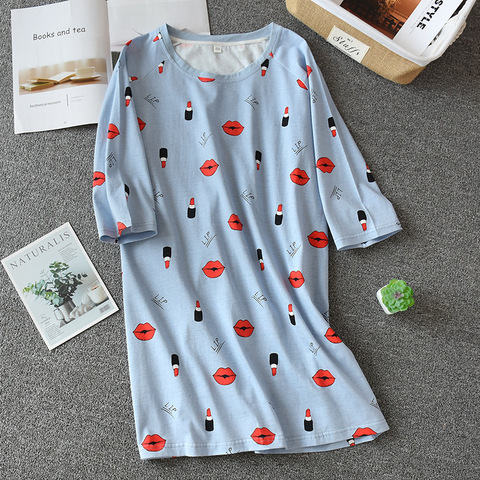 Spring and summer new 100% cotton printing loose large size home service ladies night skirt thin section short sleeve ► Photo 1/6