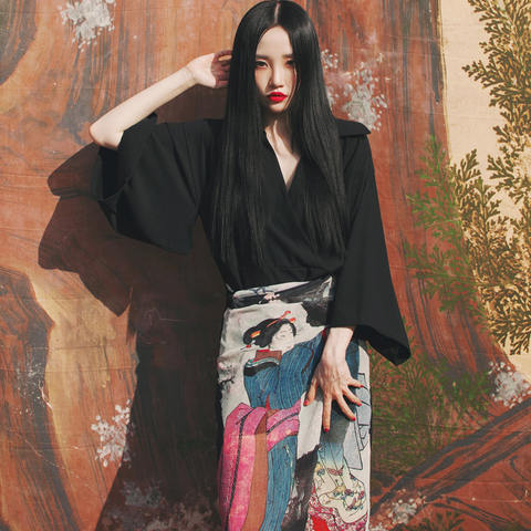 2022 Woman Japanese Kimono Style Maid Print with bandage Split long sleeves Dress ► Photo 1/5