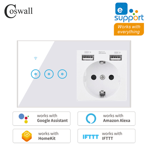 COSWALL EU Socket +2 USB Charging Port , Wifi Touch Wall Light Switch Work With Alexa Google Home IFTTT EWelink / Smart Life ► Photo 1/6