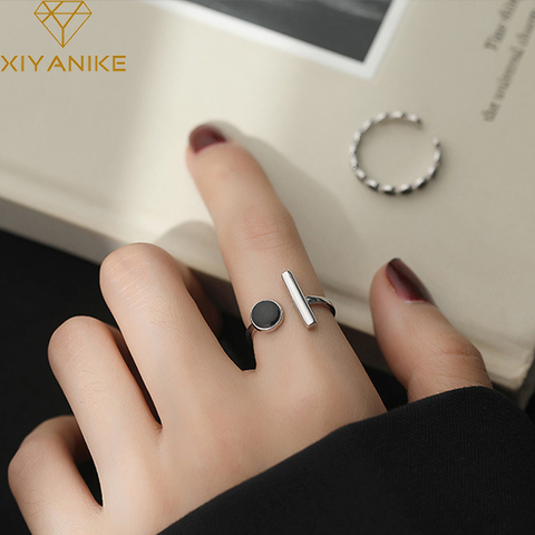 XIYANIKE 925 Sterling Silver Geometric Black Rhinestone Round Ring Female Korean Fashion Open Adjustable Handmade Couple Gifts ► Photo 1/6