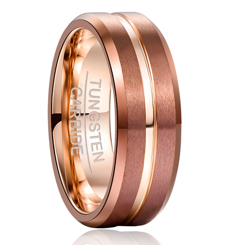 NUNCAD 8mm Width Tungsten Carbide Ring Brown Plating + Rose Gold Middle Groove Angle Tungsten Steel Men's Ring Comfort Fit ► Photo 1/5