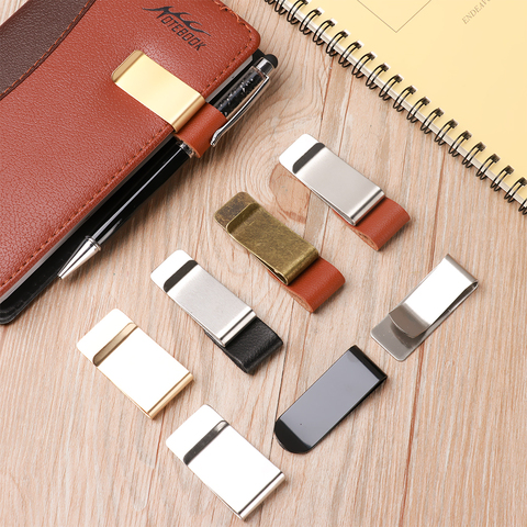 School Office Supply Stainless Steel Handmade Leather Brass Clips Stainless Steel Pen Holder Clip Journal Notebook Paper Folder ► Photo 1/6