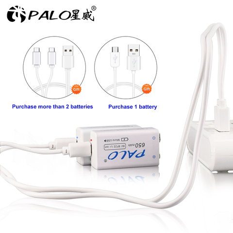 PALO 9V USB lithium battery 650mAh 6F22 Li-Ion rechargeable battery for toys massagers multimeters guitar with USB cable ► Photo 1/6