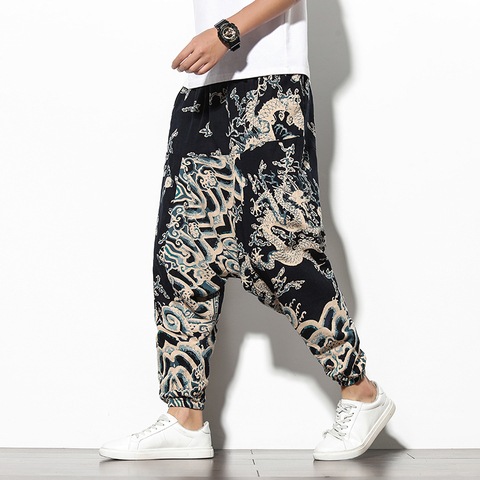 Men Traditional Style 2022 Summer Dragon Printed Casual Cotton Harem Pants Korean Style Loose Hip Hop Streetwear Male Trouser ► Photo 1/5