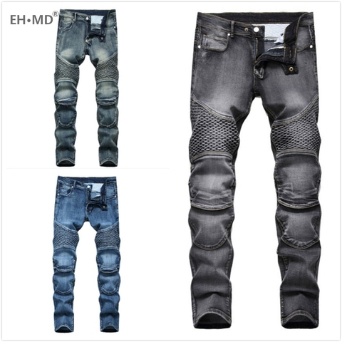 EH·MD® Motorcycle Patchwork Jeans Men's Fish Scales Decorated Washed Slim-fit Pleated High Elastic Solid Color Pants Fall Winter ► Photo 1/6