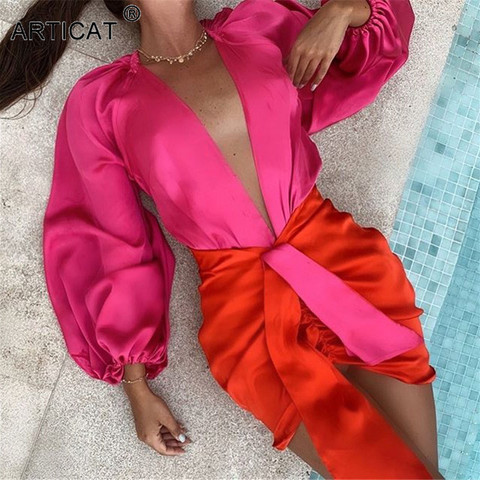 Articat Sexy Deep V-neck Satin Two Piece Set Women Long Sleeve Top Short Skirt Sets Matching Casual Partywear Winter Women Set ► Photo 1/6