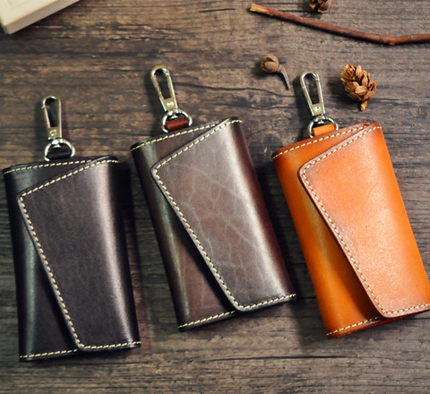 Vintage Tan LeatherKey Wallet Organizer Genuine Leather Men Car Key Wallets Women Cards Key Holder Housekeeper Case ► Photo 1/6