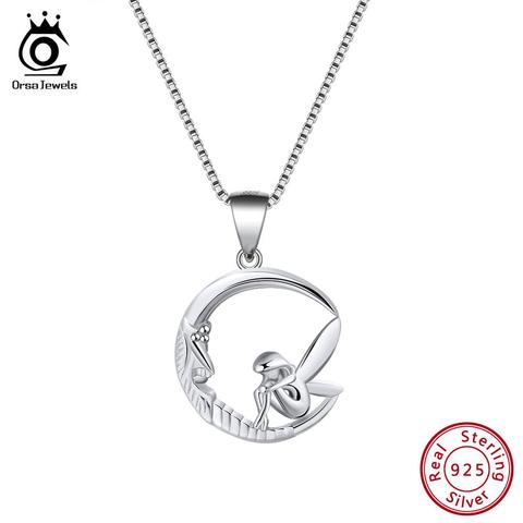 ORSA JEWELS 925 Sterling Silver Necklaces Pendants Fairy Sitting on Moon Original Romantic Necklace Girl Jewelry Gift SN106 ► Photo 1/1