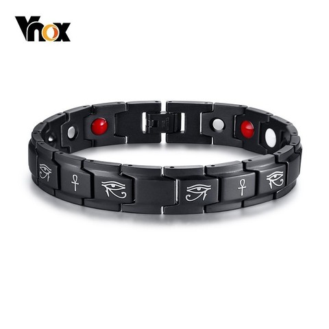 Vnox Vintage Eye of Horus Ankh Cross Energy Bracelets for Men Healthy Black Stainless Steel Magnetic Therapy pulseira masculina ► Photo 1/6