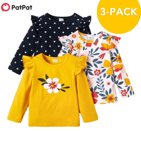 PatPat New Arrival and Winter 3-pack Toddler Girl Floral Dots and Boy Animal Long-sleeve Tee Sets Children Clothing ► Photo 1/5